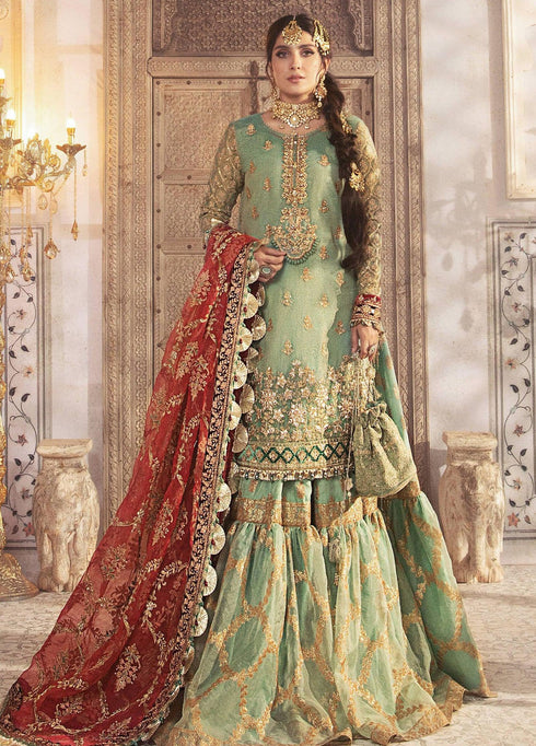 Mbroidered By Maria B Embroidered Cotton Coral in Sea green Suit Unstitched 3 Piece MB21WD D3 - Wedding Collection