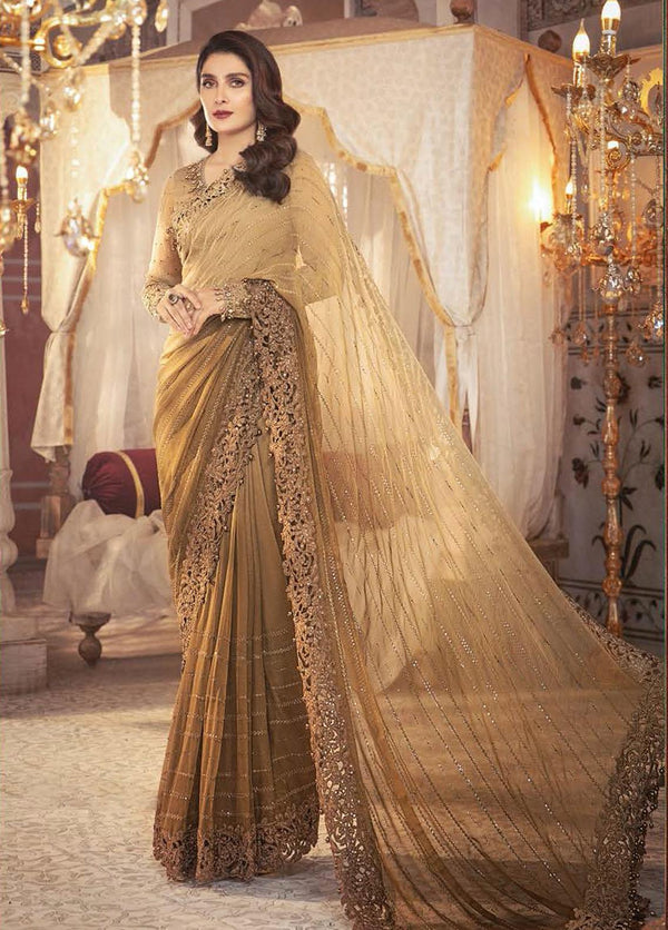 Mbroidered By Maria B Embroidered Unstitched Chiffon Chocolate Cappuccino Saree MB21WD D6 - Wedding Collection