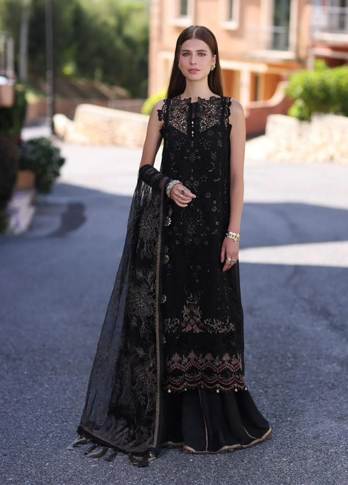 Noor By Saadia Asad Embroidered Chiffon Suits Unstitched 3 Piece NSA23SL D7 - Luxury Collection